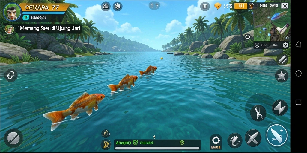 Screenshot dari gameplay CEMARA77 menampilkan pemain saat memancing di danau.