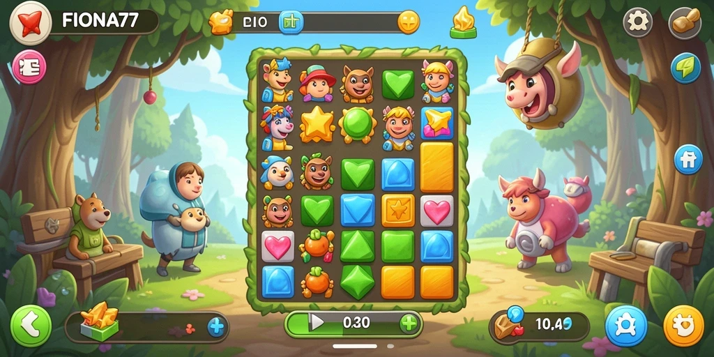Tampilan gameplay seru dari FIONA77 dengan aksi Match-3 yang mengasyikkan.
