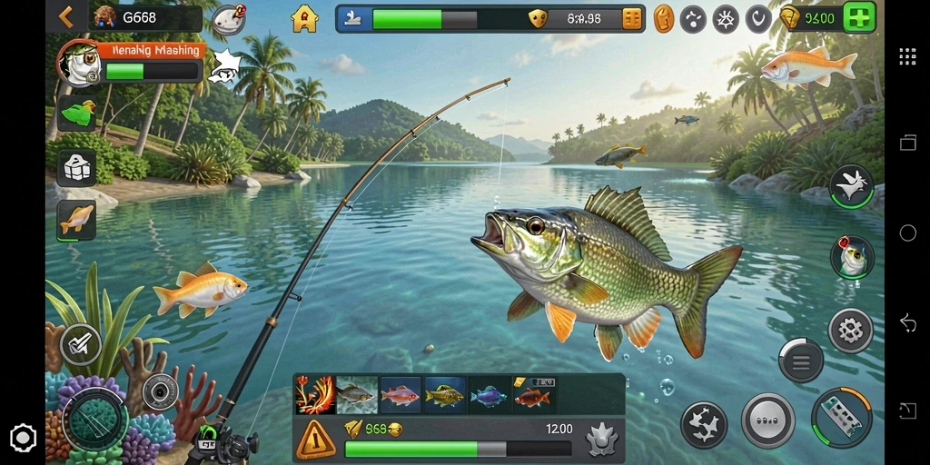 Screenshot G668 menampilkan pemain yang sedang memancing di danau cantik.
