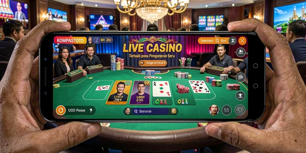 Screenshot KOMPASTOTO menampilkan dealer langsung yang bersiap untuk memulai permainan Live Casino.