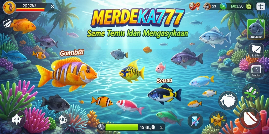 Gameplay seru dalam MERDEKA777 dengan berbagai ikan untuk ditembak.