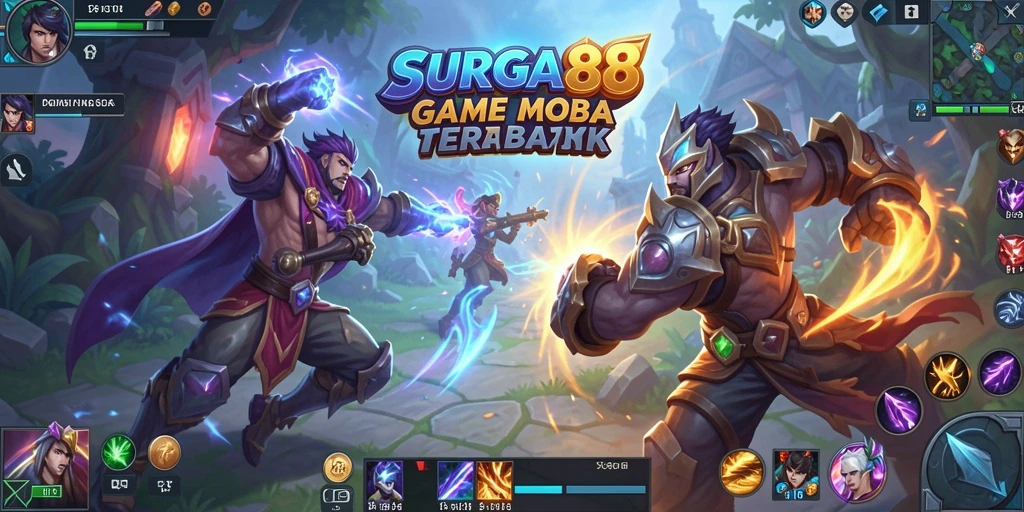 Screenshot utama SURGA88 menampilkan aksi intens dalam pertarungan tim di arena MOBA.