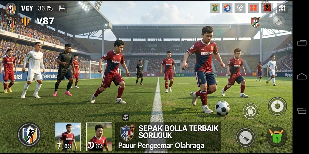 Screenshot V87 menunjukkan aksi seru dalam permainan sepak bola.